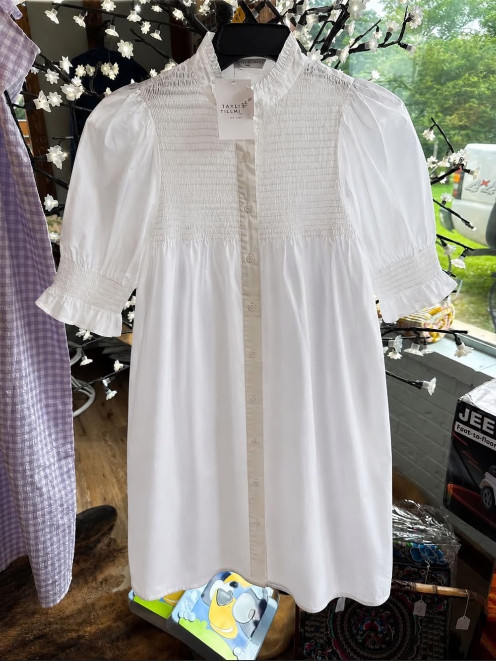 Taylor & Sage White Smocked Yoke Button-Front Casual Dress